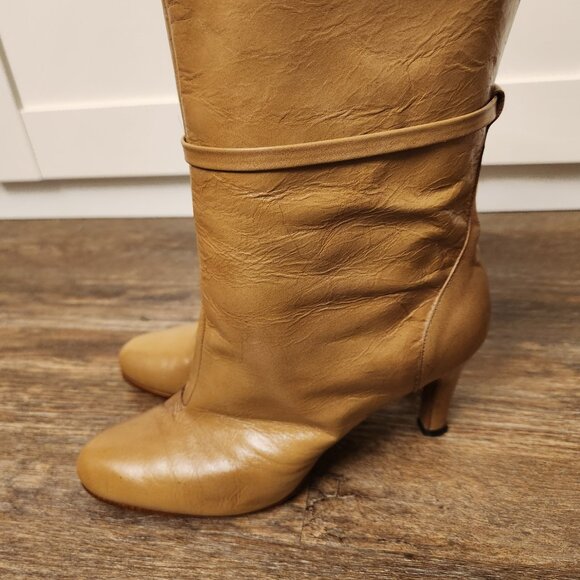 Vintage Tan Leather Mid-Calf Slouchy Heeled Boots 7.5M - Picture 7 of 9